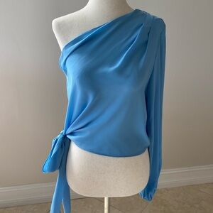 Light blue off the shoulder top with bow on the side